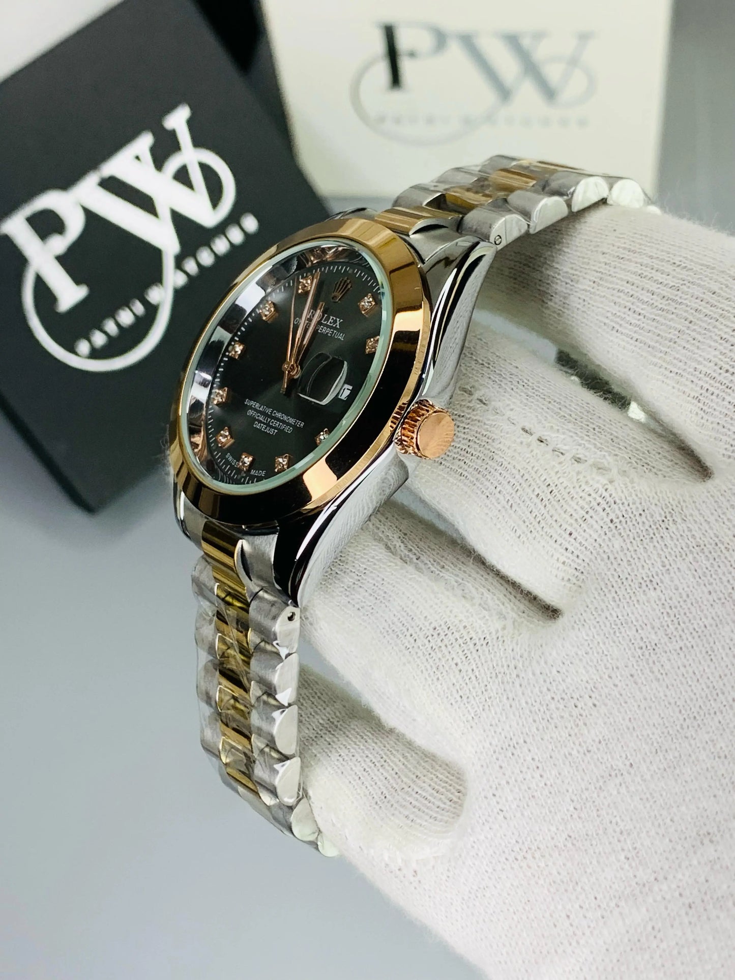 Black Stone Two Tone Rose Gold Model Patni Watches