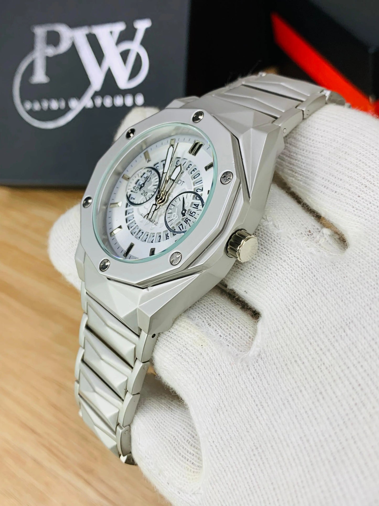 Diamond Cut | Date Adjustment | Texture Chain | Skelton Silver Patni Watches