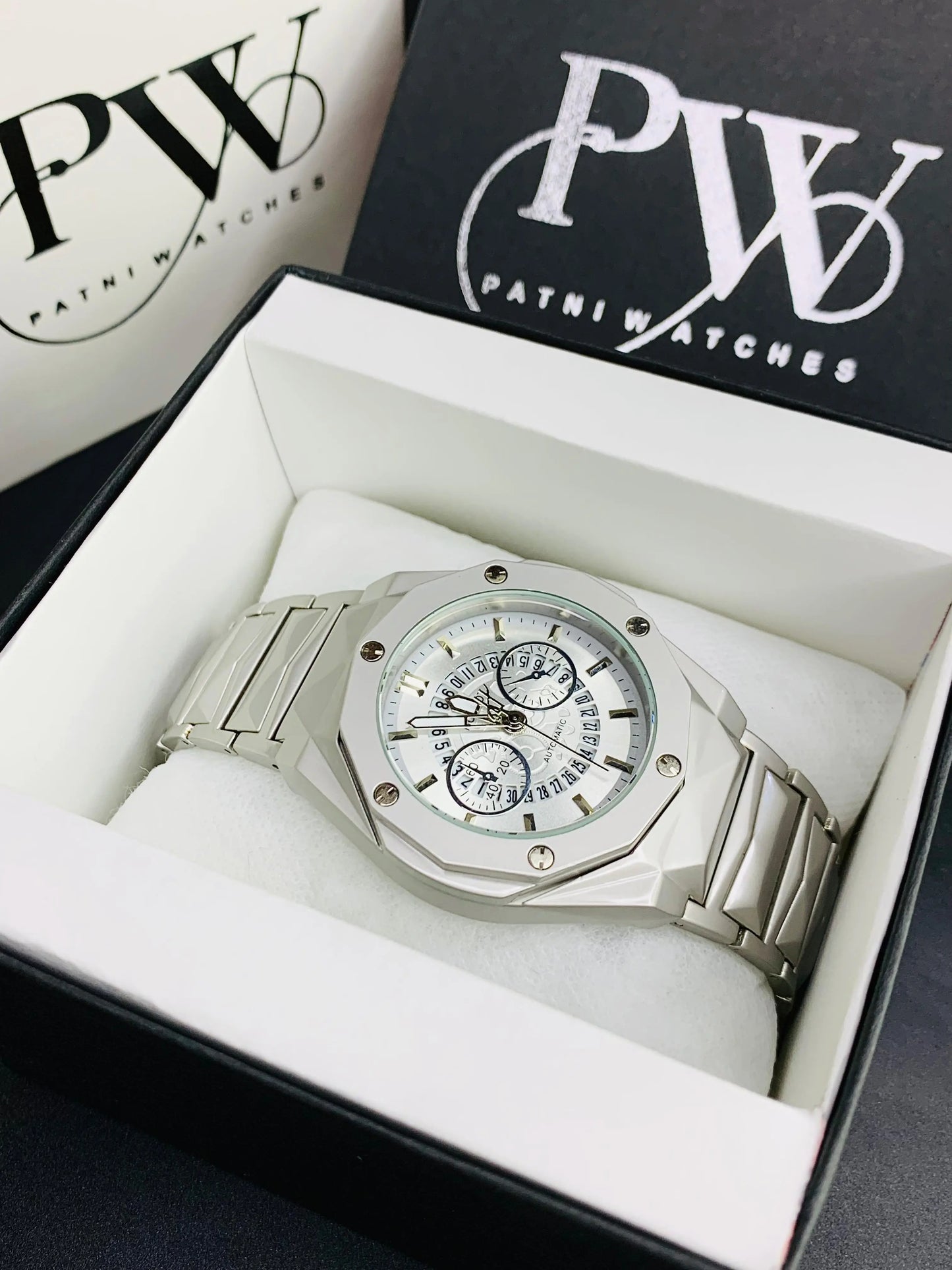Skelton Silver Diamond Cut | Date Adjustment | Texture Chain Patni Watches