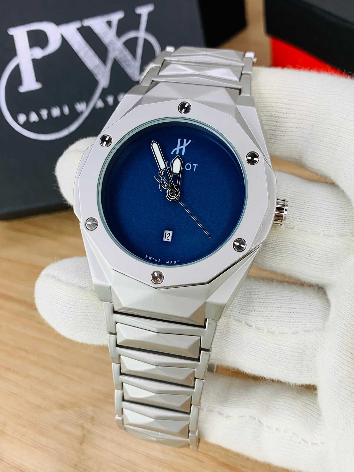 Diamond Cut | Date Adjustment | Texture Chain (Plain Blue) Patni Watches