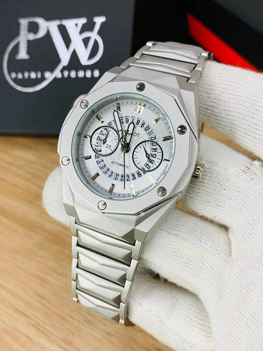 Diamond Cut | Date Adjustment | Texture Chain | Skelton Silver Patni Watches
