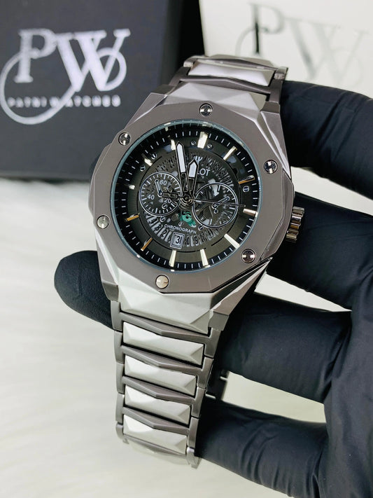 Diamond Cut | Date Adjustment | Texture Chain (Black Silver) Patni Watches