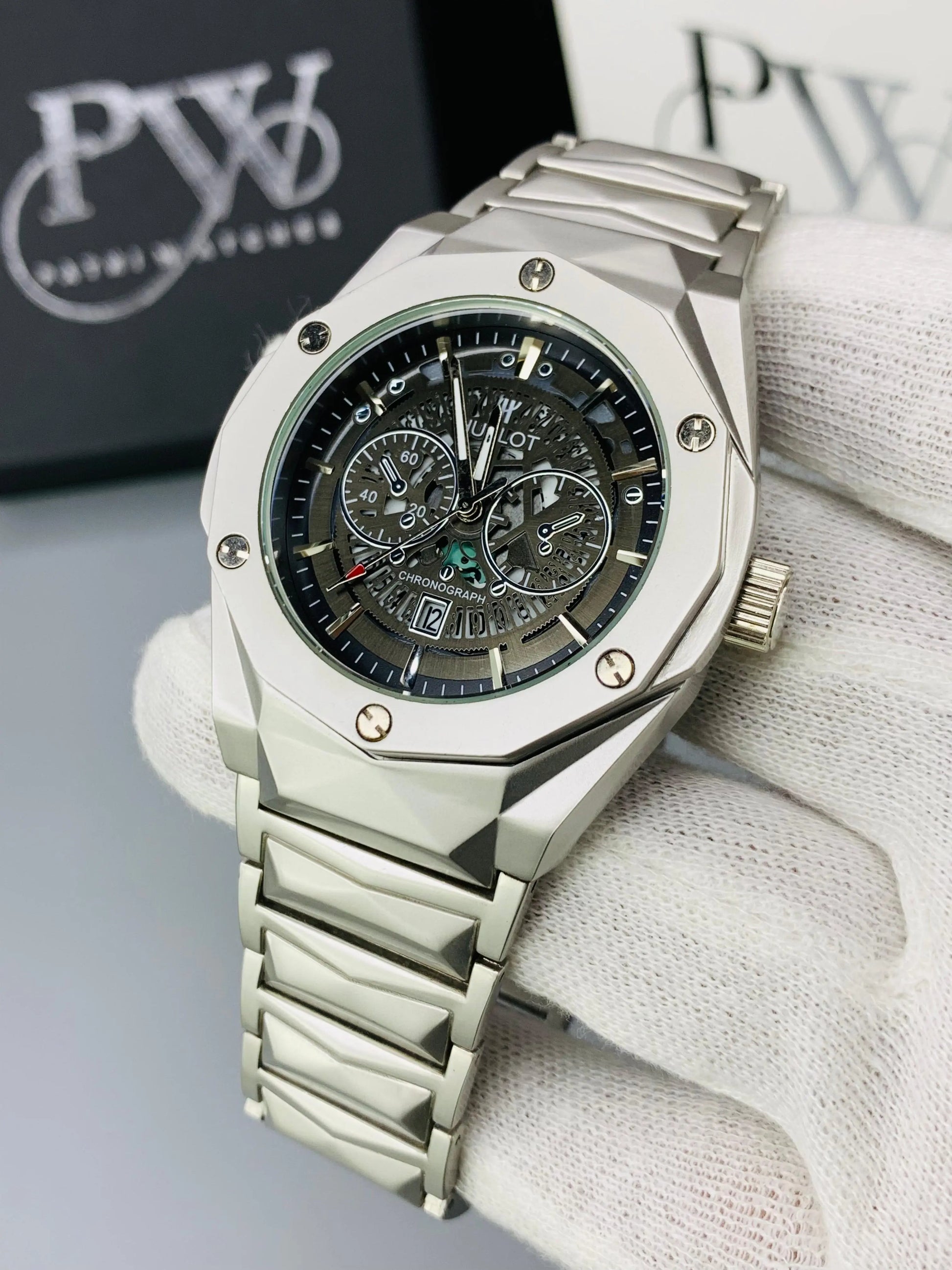 Diamond Cut | Date Adjustment | Texture Chain (Silver) Patni Watches