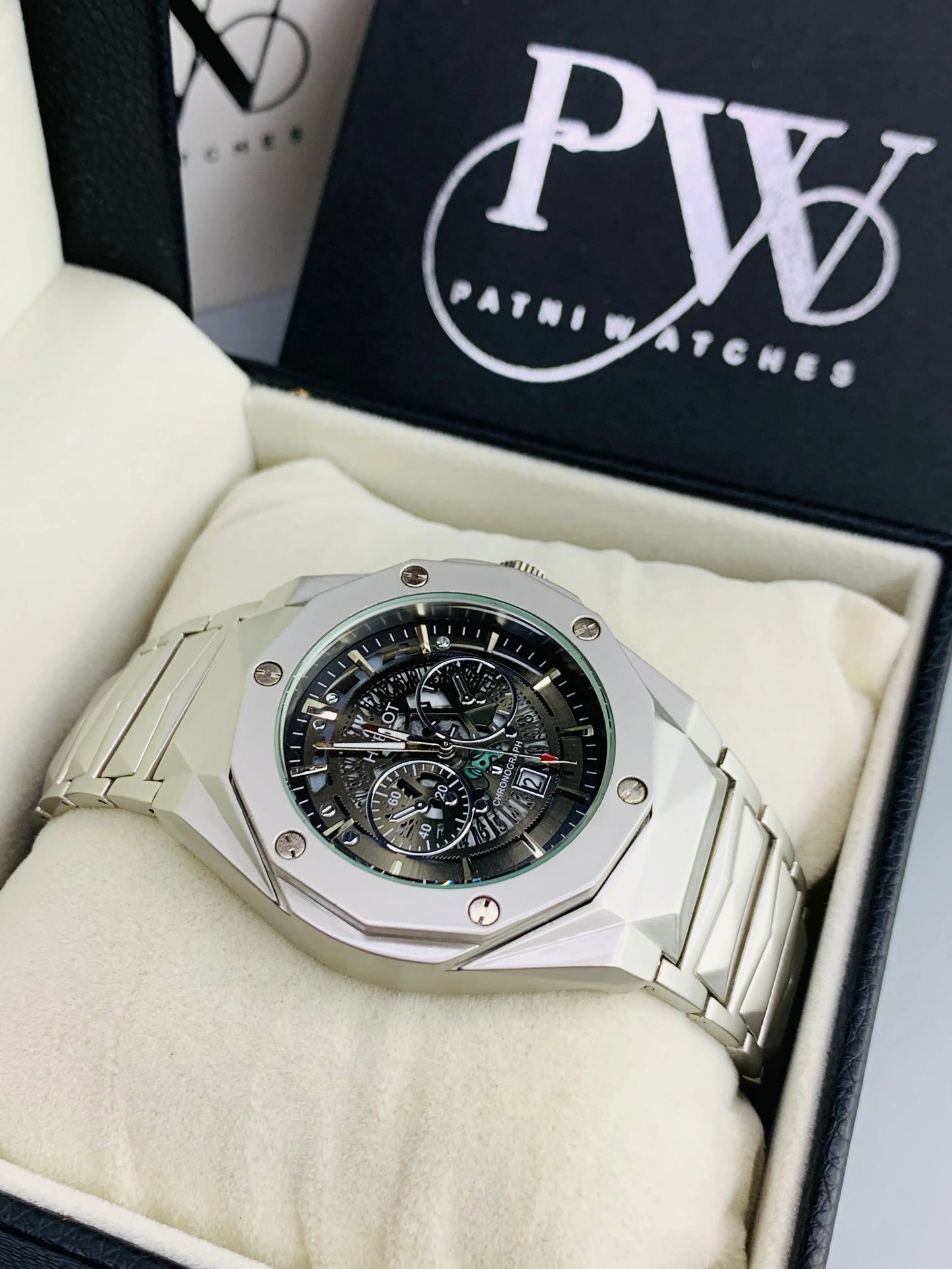 Diamond Cut | Date Adjustment | Texture Chain (Silver) Patni Watches