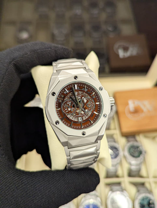 Diamond Cut | Date Adjustment | Texture Chain (Skeleton Brown) Patni Watches