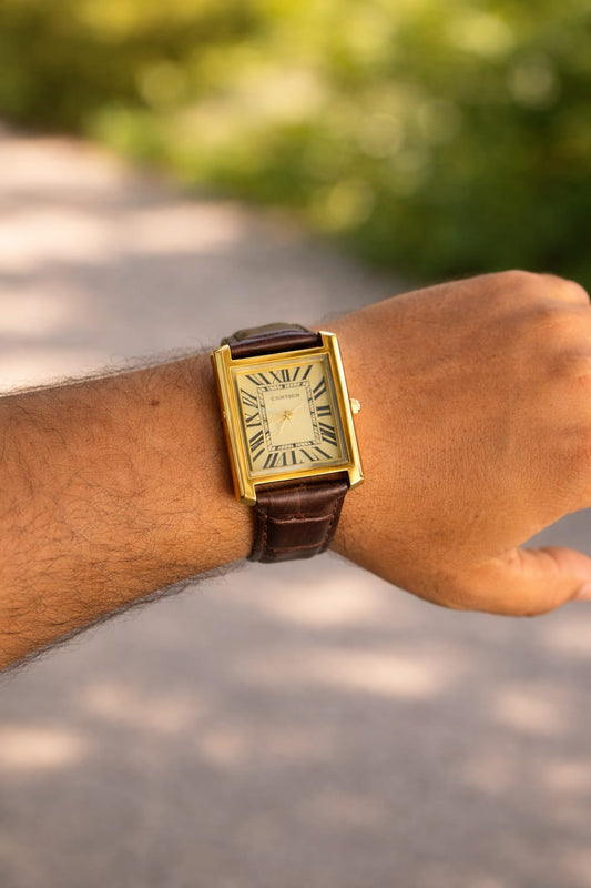 Cart Tank Gold Model (Brown Index Gold) Patni Watches