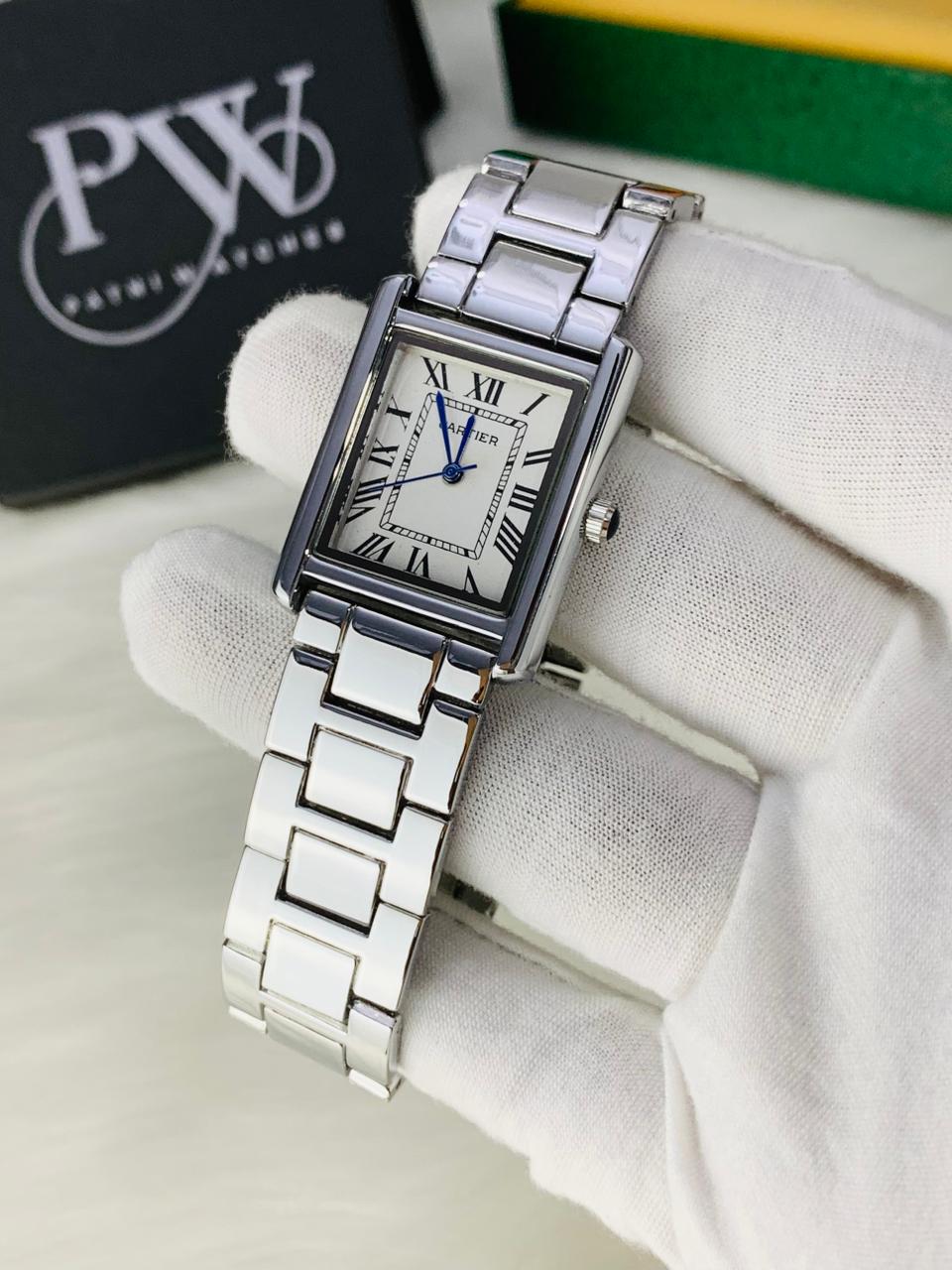 Cart Tank Silver Chain Model (White) Patni Watches