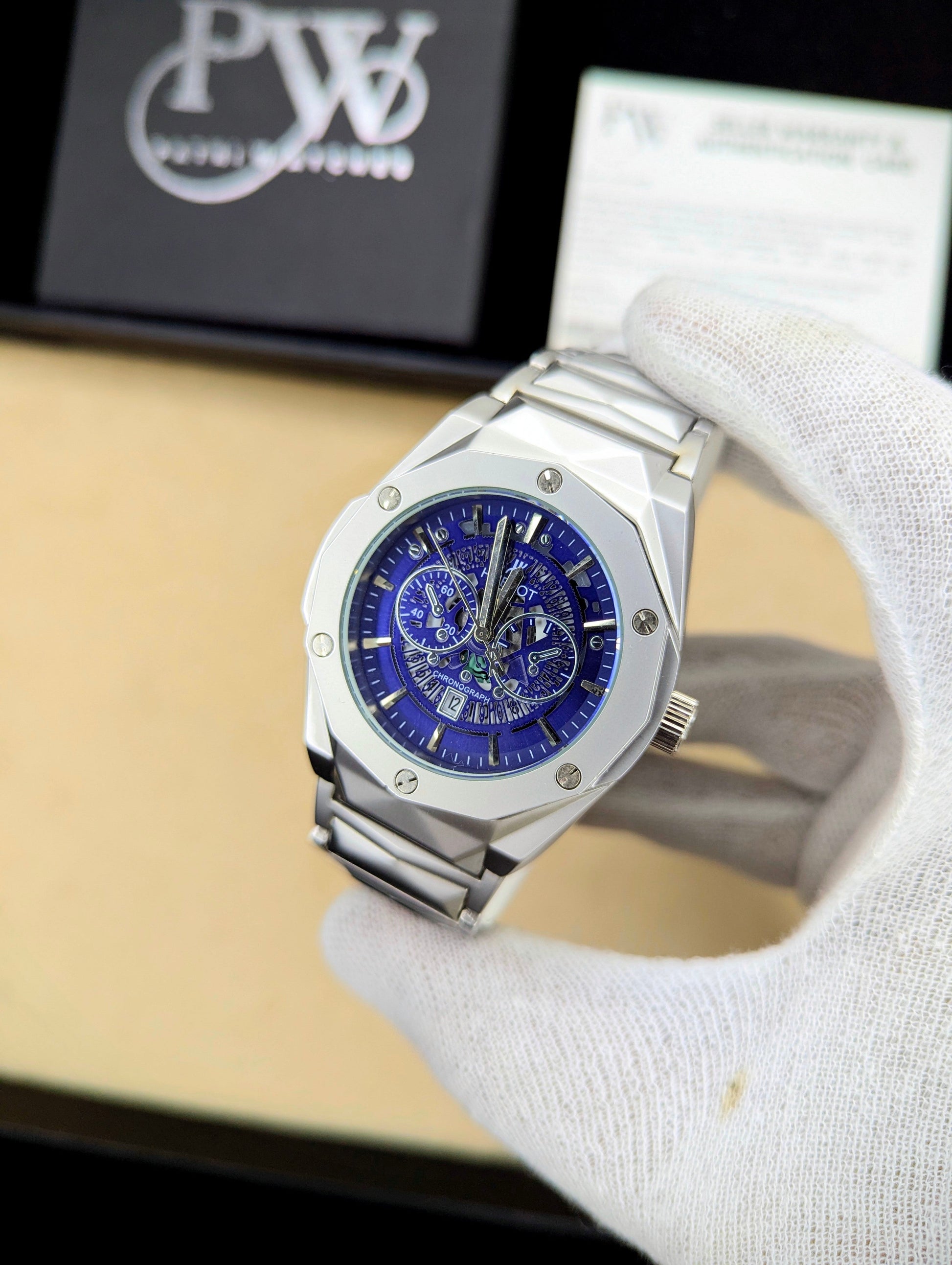 Diamond Cut | Date Adjustment | Texture Chain (Blue) Patni Watches